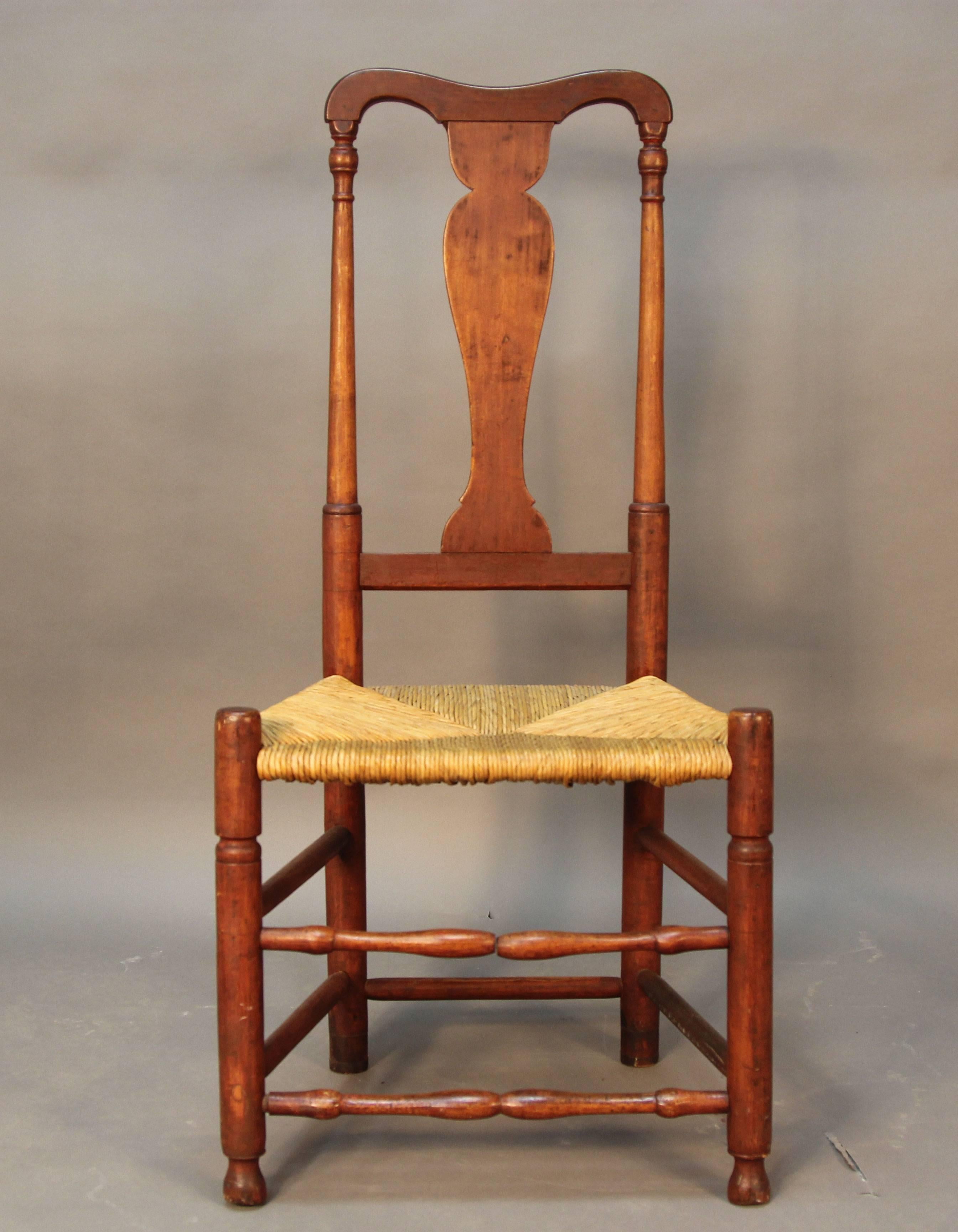Assembled set of eight Connecticut made country Queen Anne Chairs made from ash, maple, cherry and walnut. With rush seats.