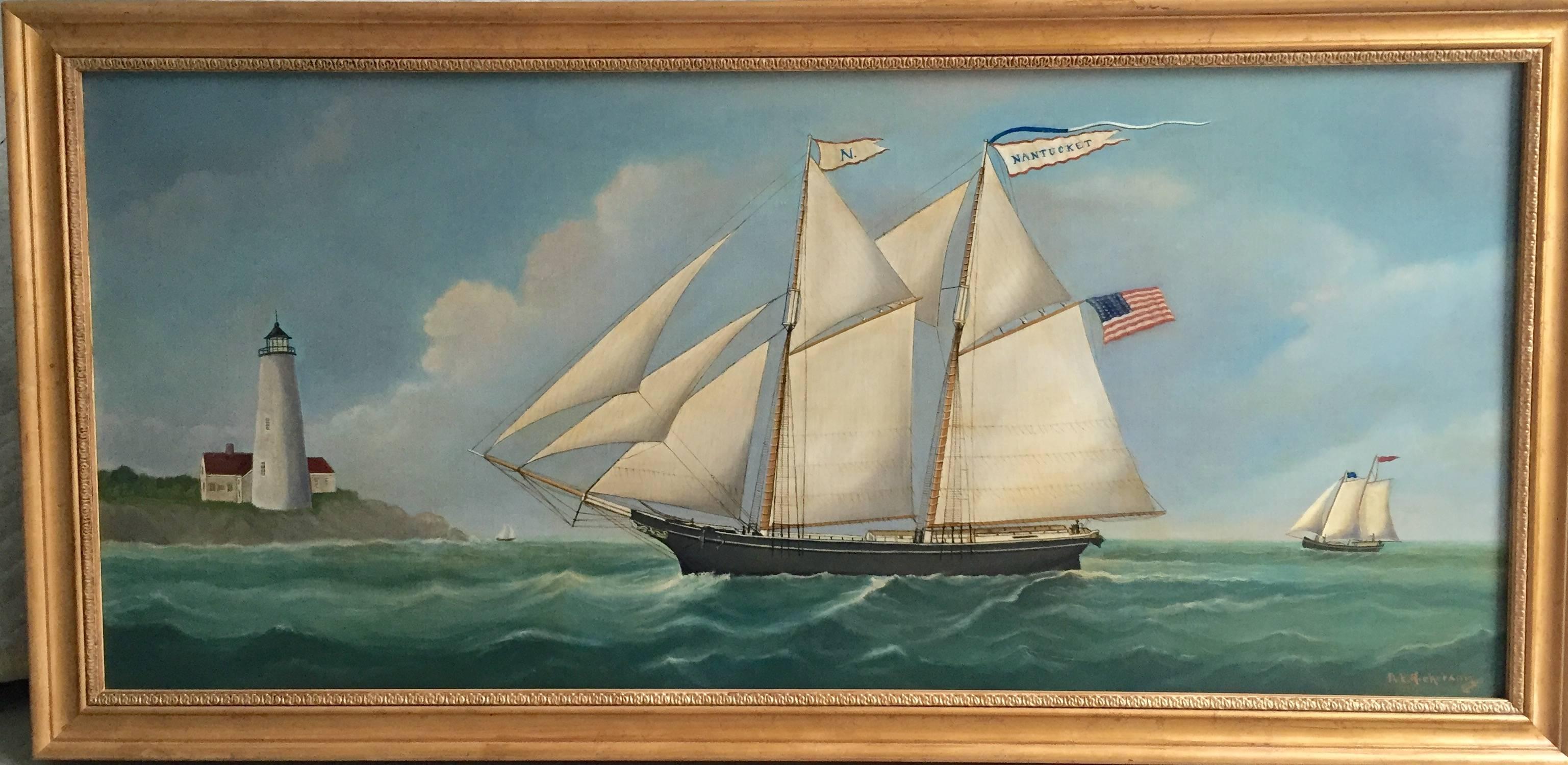 Mid-20th Century Reginald Nickerson (American, 1915-1999) Schooner NANTUCKET Marine Oil Painting For Sale