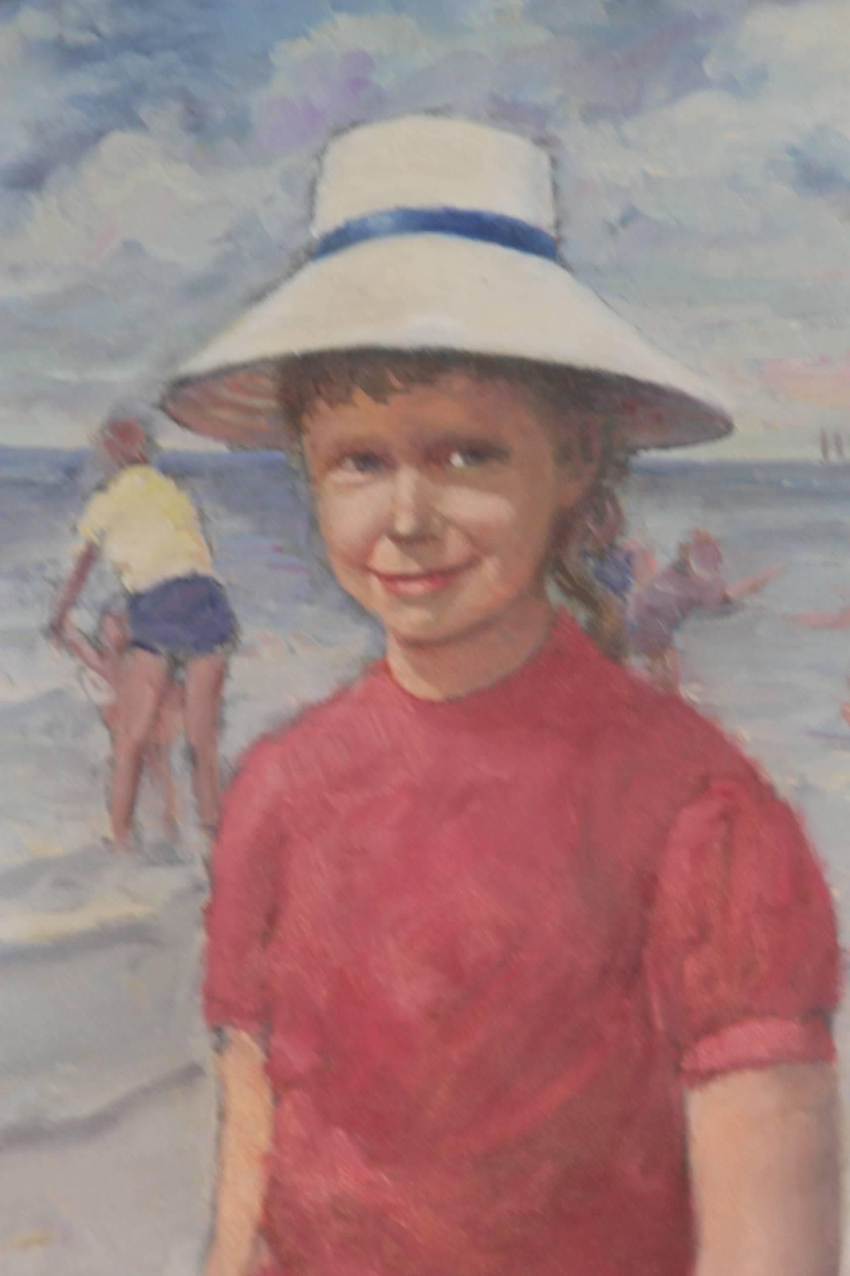 Vintage Russian Painting of Little Girl on the Beach In Good Condition For Sale In Bridport, CT
