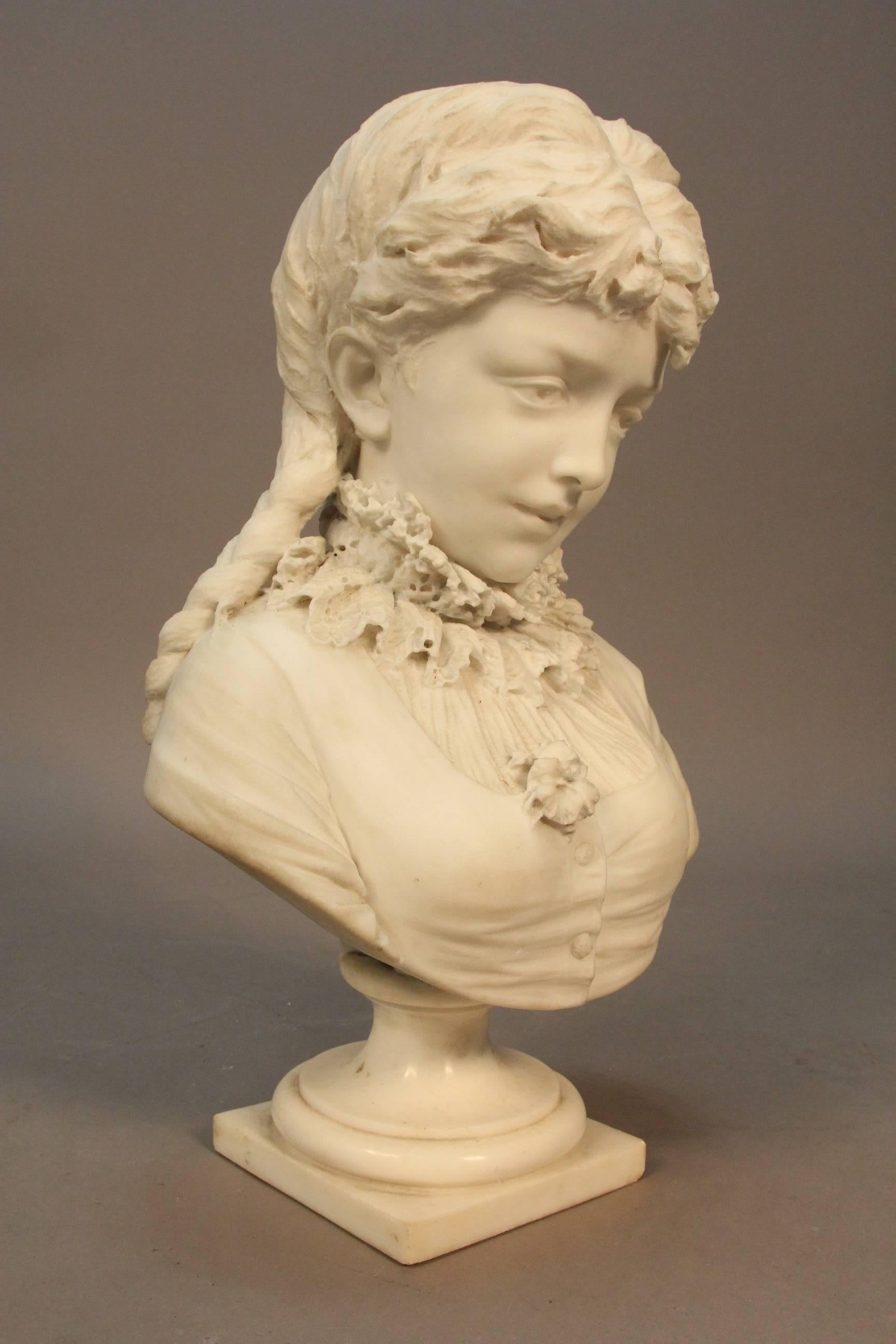 A very fine 19th century marble sculpture by Argenti. Having exceptionally fine details and execution and marble carving mastery. The little girl with braids in her hair and a soft sweet life like expression. Artist signed, 1880s.