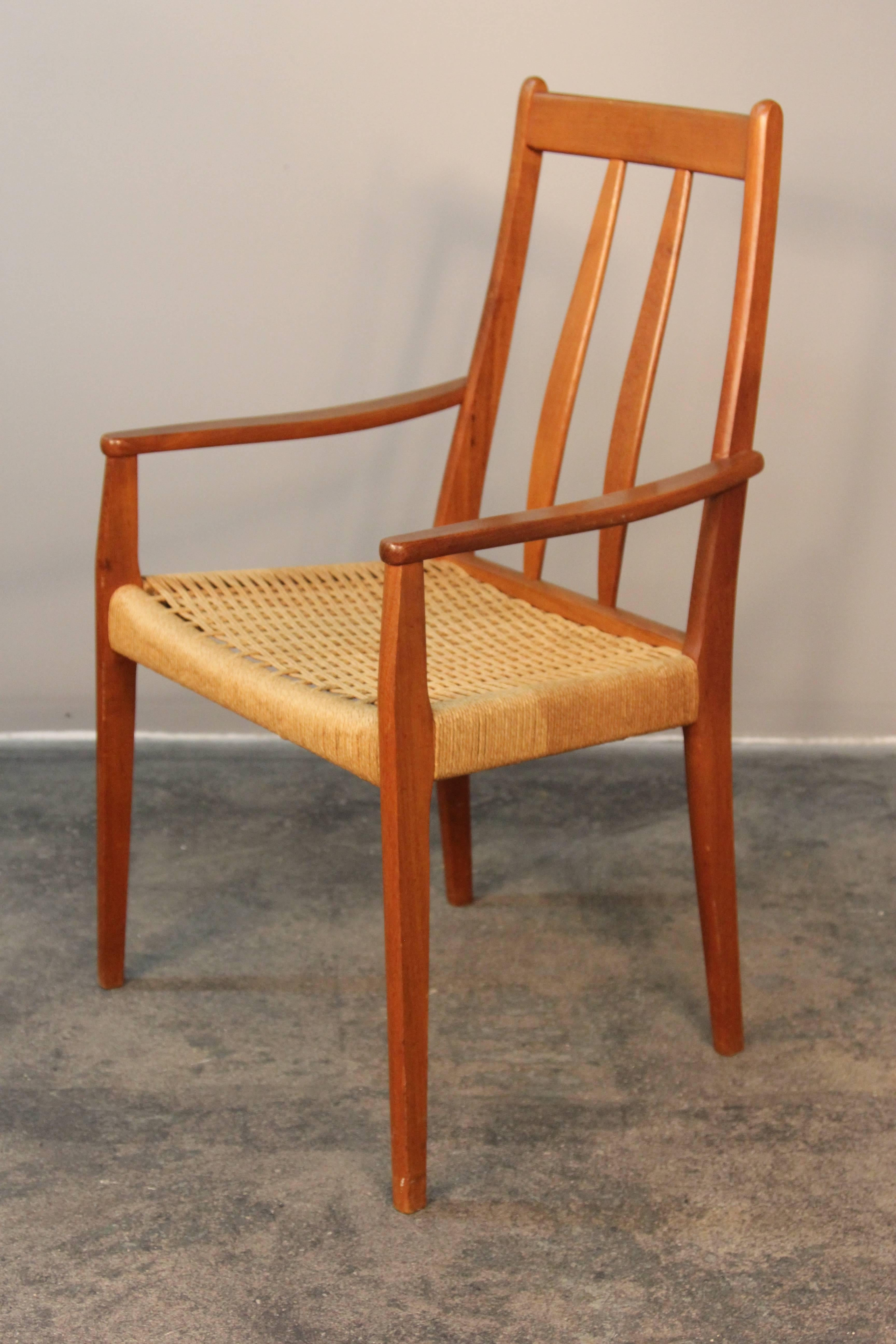 Scandinavian Modern Pair of Danish Teak High Back Armchairs with Danish Cord Seats For Sale