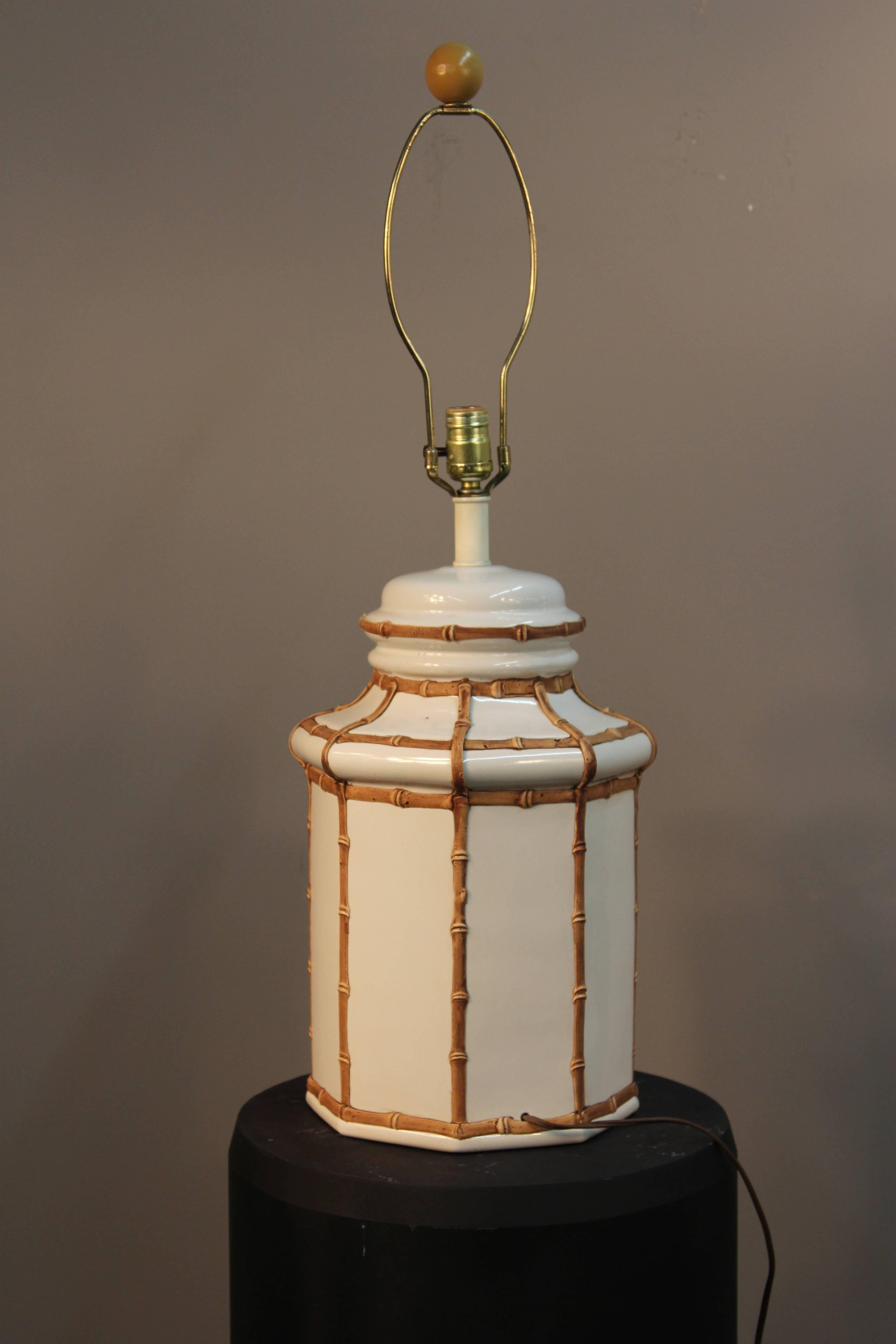 American Stunning Matched Pair Ceramic Jar Lamps with Bamboo Lattice Motif