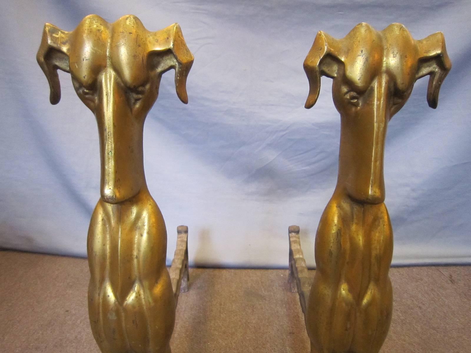 Tall Pair of Modernist Gilt Bronze Dog Andirons In Good Condition In New York City, NY
