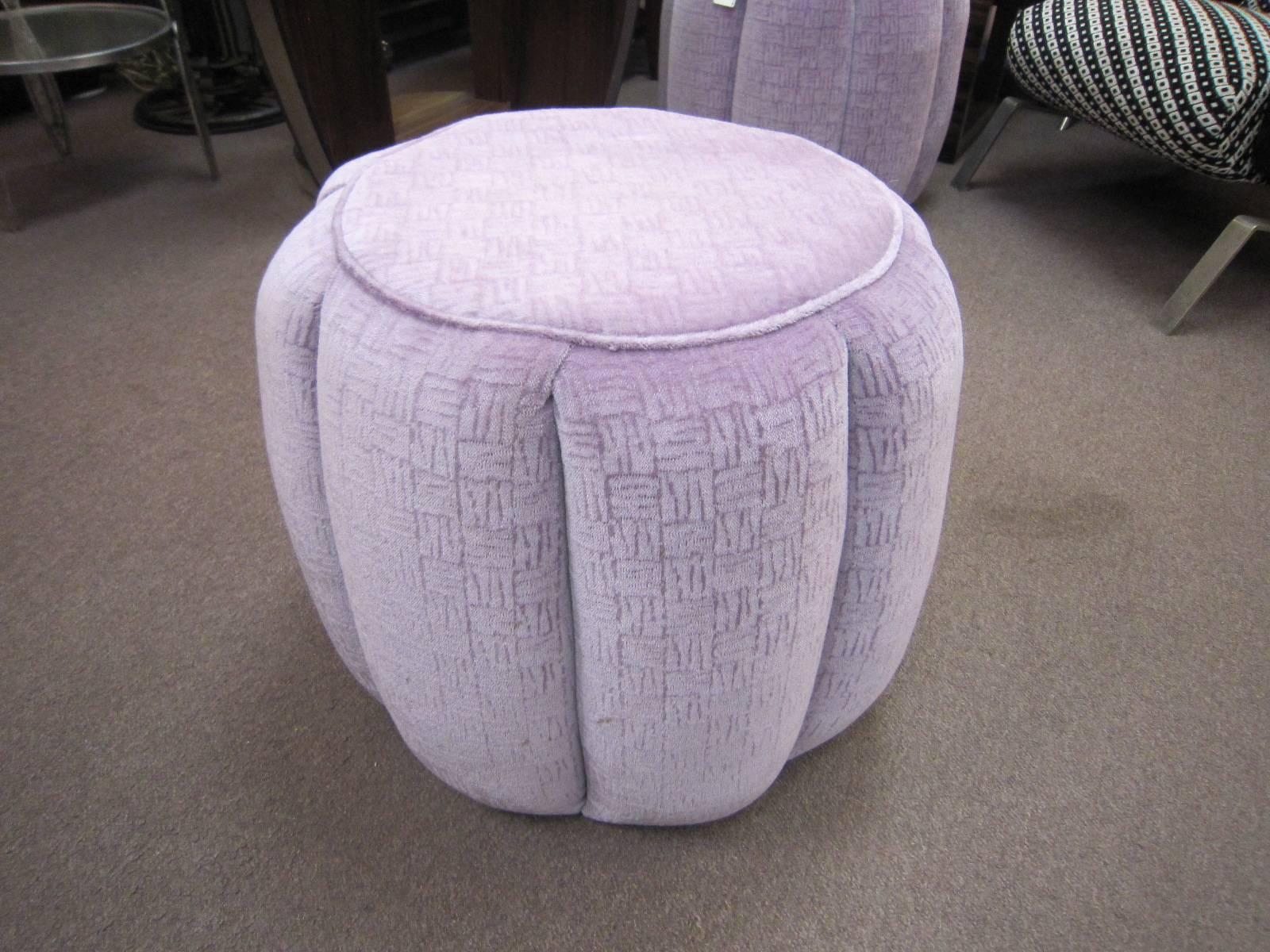 A soft pastel colored lilac, lavender, light purple, pink mohair upholstered Modernist pouf or seat.  
The soft velvety opulent fabric almost reminiscent of short fur with beautifully tufted and scalloped sides, has an overall minimalist geometric