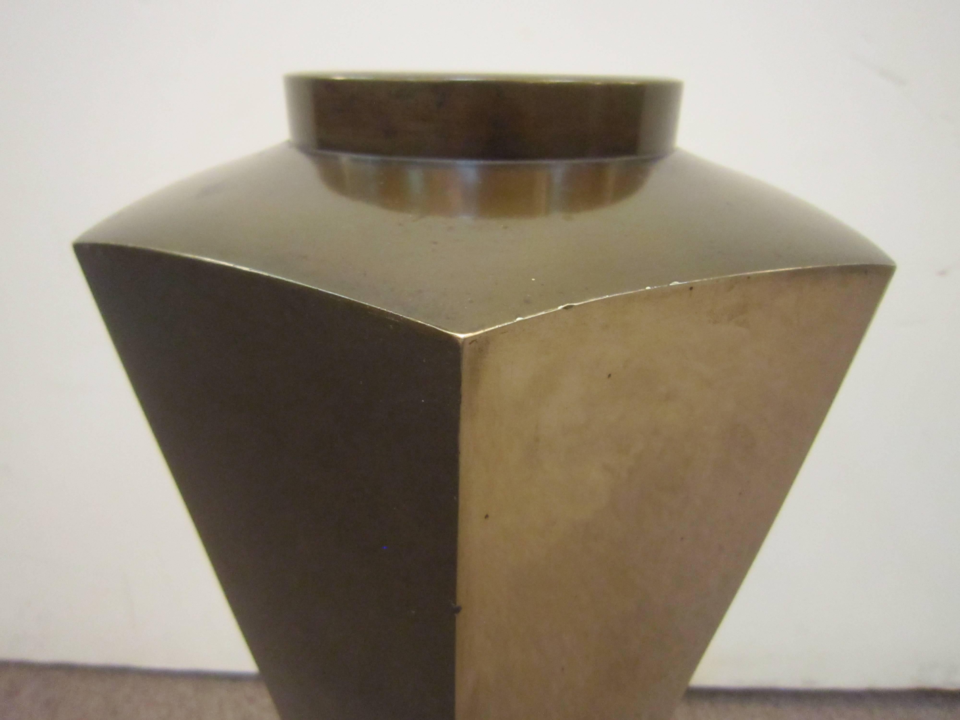 Art Deco Tall French Bronze and Silvered Six-Sided Angular Vase