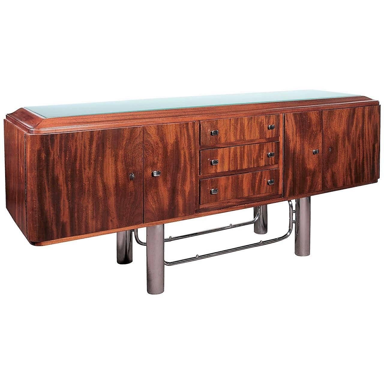 French Modernist Sideboard in Flame Mahogany and Chromium w/ Frosted Glass Top