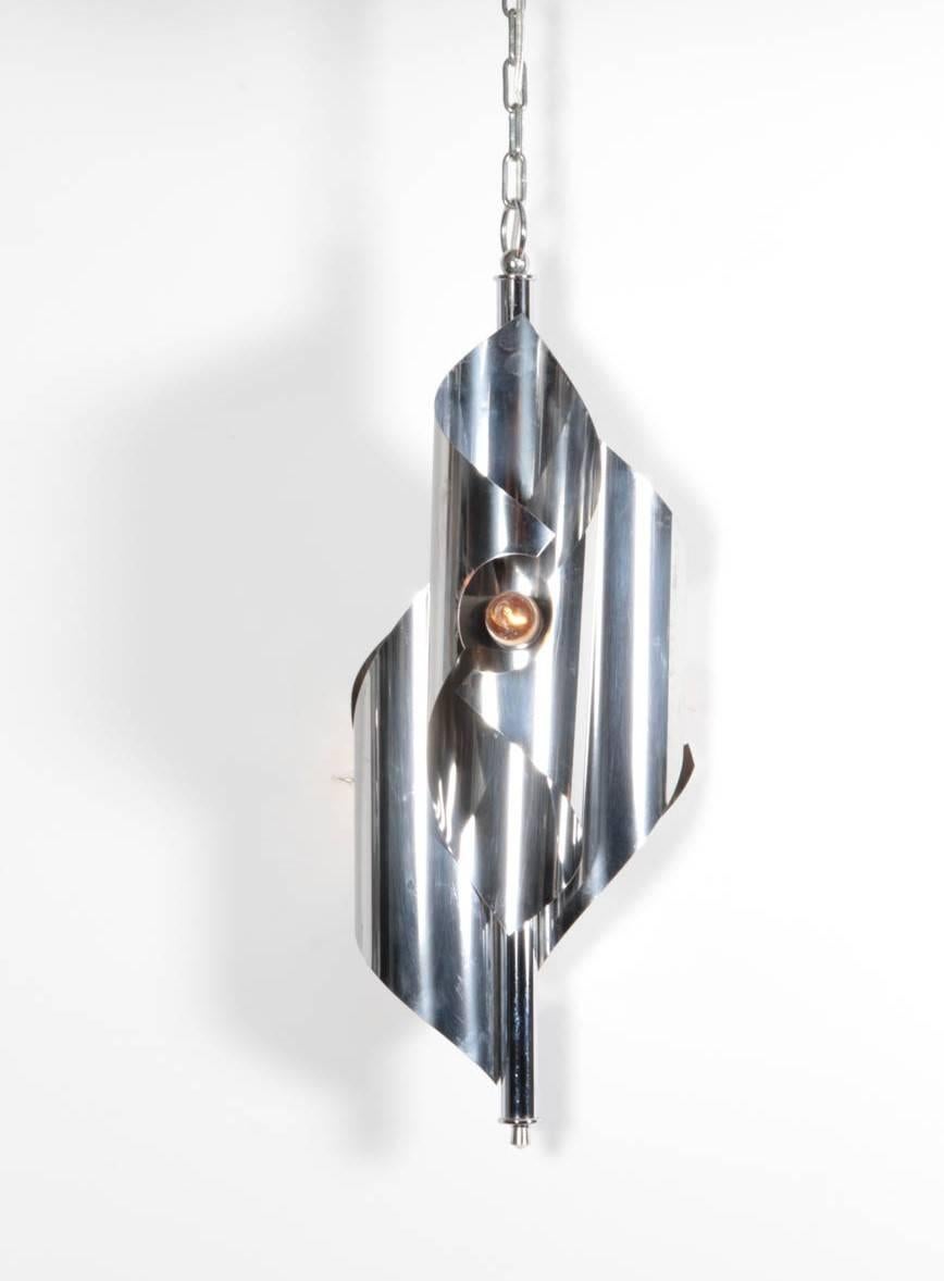 French  Chrome-Plated Sculptural Pendant Light chandelier, style of Maison Charles For Sale