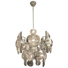 Vintage Gaetano Sciolari Large Chrome and Glass Lens Chandelier, 1960s