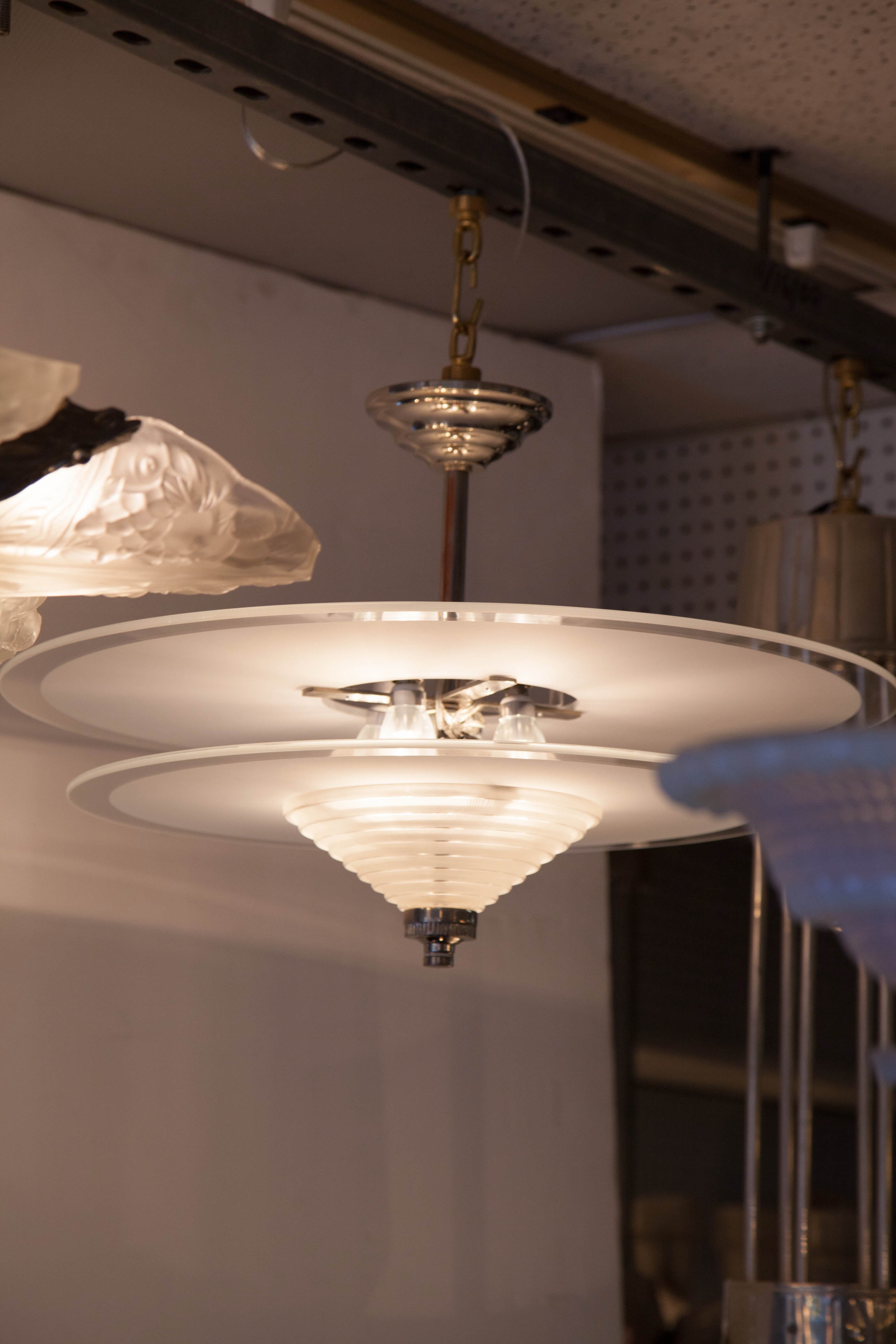 20th Century French Art Deco Frosted Glass Chandeliers by Leleu