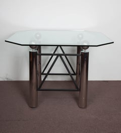 Post Modern Dining or Center Table in Chrome, Metal and Glass