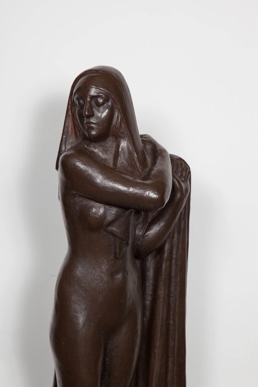 French Modernist original bronze sculpture of a stylized, draped semi-nude woman standing.
Symbolist in nature, linear in design and evoking an expressive image.
warm brown patina.
signed by Jean- Louis Chorel
1875-1946
Abstract, Brutalist,