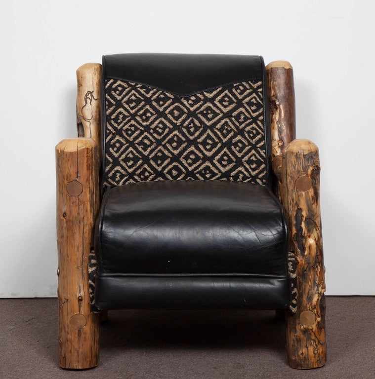 American Craftsman Child's chair handmade in natural log and leather, signed by the artist