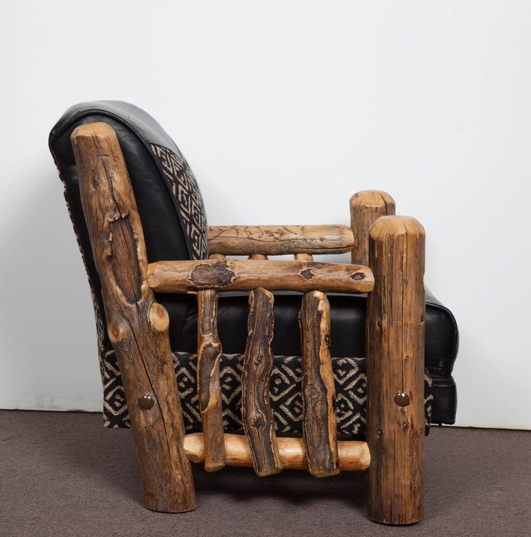 American Child's chair handmade in natural log and leather, signed by the artist