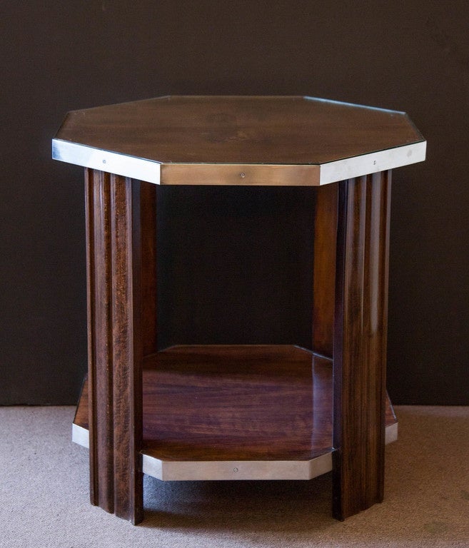 20th Century French Art Deco Octagonal Walnut Side Table with Nickeled Bronze Mounts For Sale