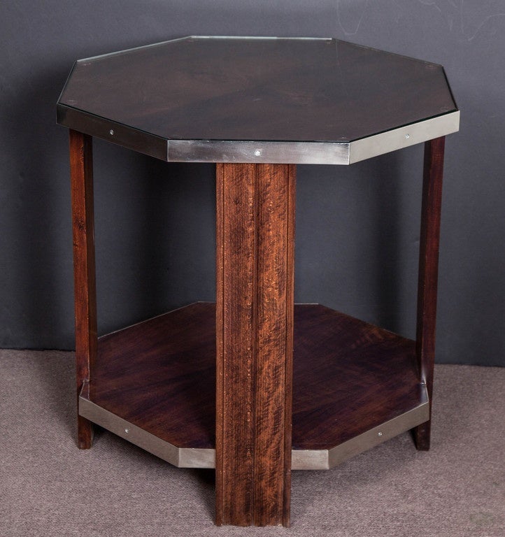 French Art Deco Octagonal Walnut Side Table with Nickeled Bronze Mounts In Good Condition For Sale In New York City, NY