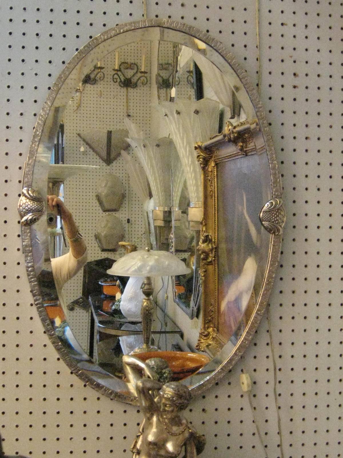 French Art Deco Hand Hammered, Nickeled Iron Mirror with Beveled Inset 2
