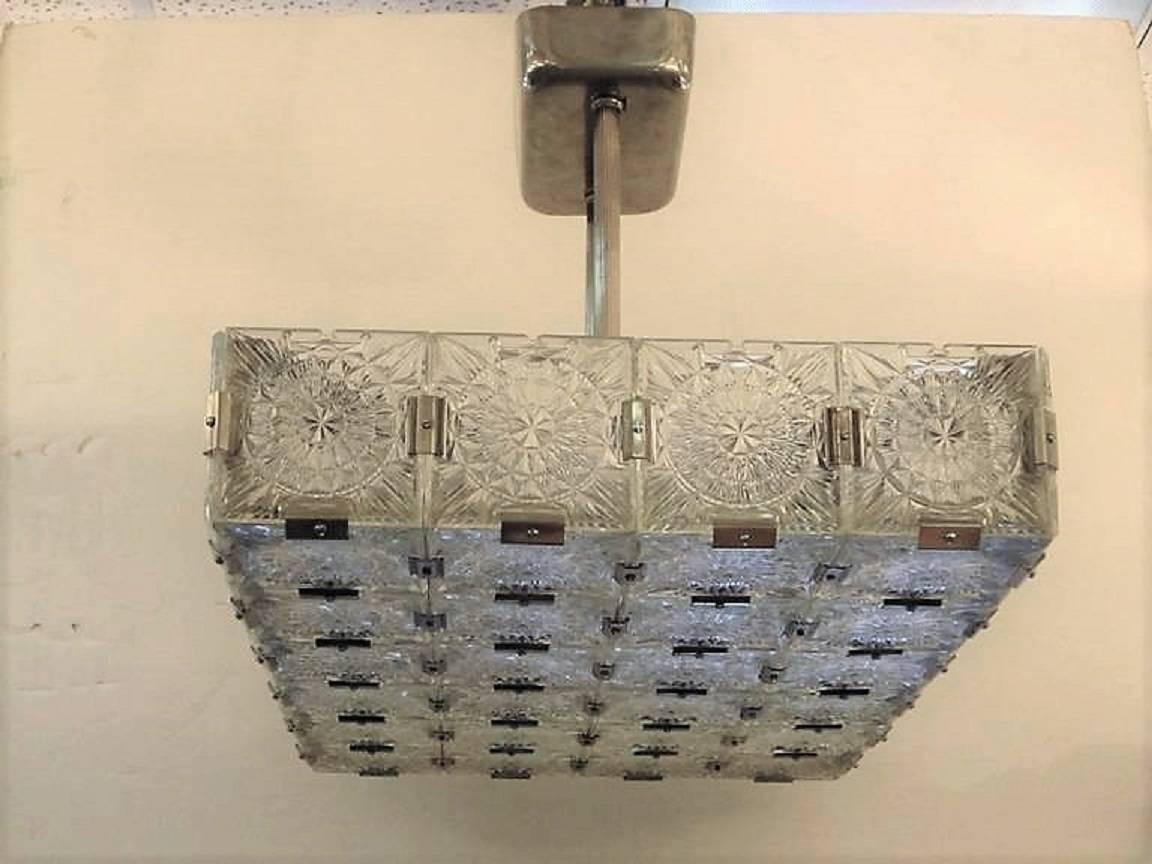 Large Mid-Century Modern rectangular chandelier in glass and nickel 5