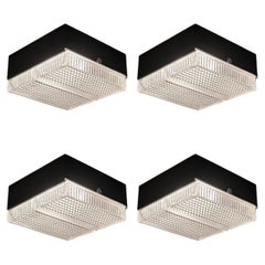 Set of Four Modernist Flush-Mount Chandeliers in glass & black metal