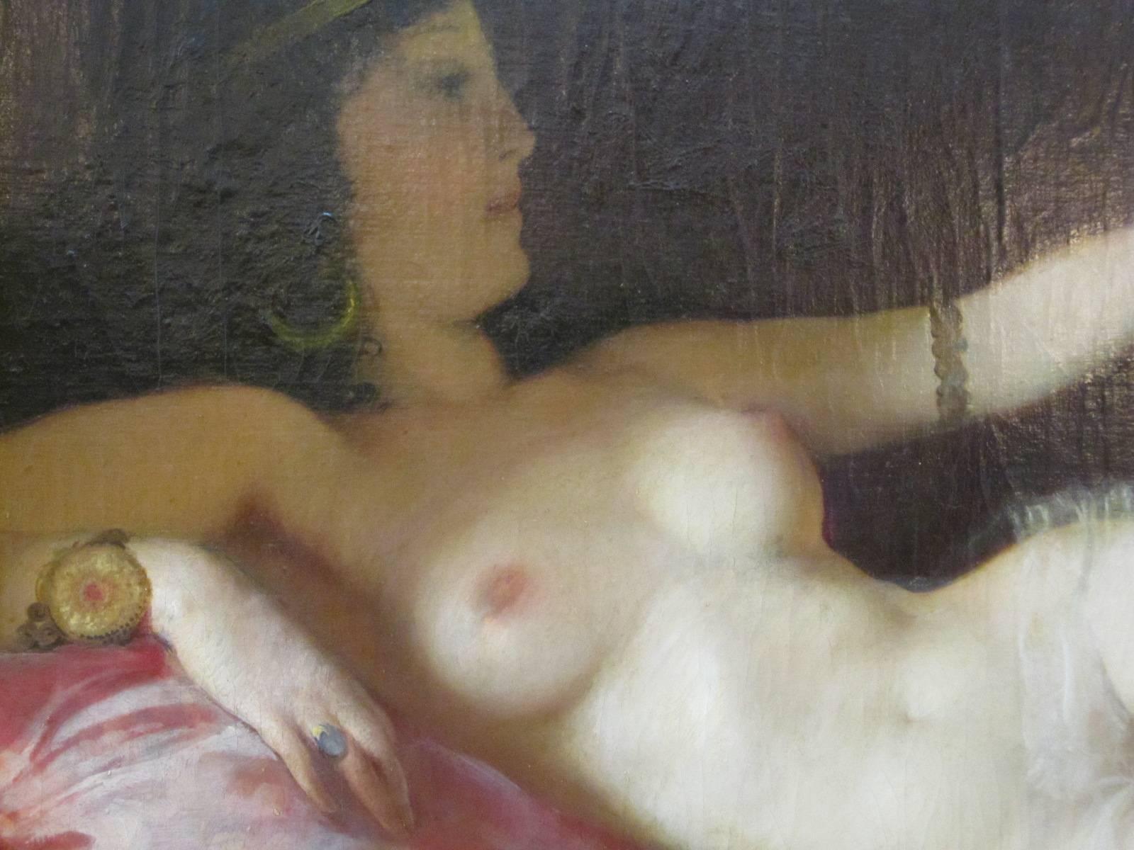 Egyptian Revival Maria Szantho, Original Oil on Canvas, Reclining Nude, circa 1930