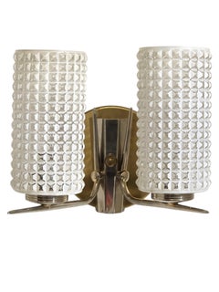 Three vintage 1960's enameled glass, brass & nickel two light wall sconces