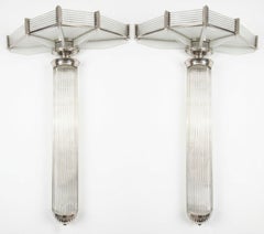 Monumental 53" ht Pair of French Modernist Sconces glass & nickel bronze Petitot