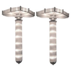 Monumental 53" ht Pair of French Modernist Sconces glass & nickel bronze Petitot
