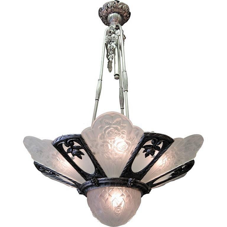Large French Art Deco Frosted Glass Chandelier Signed Gilles, 1925