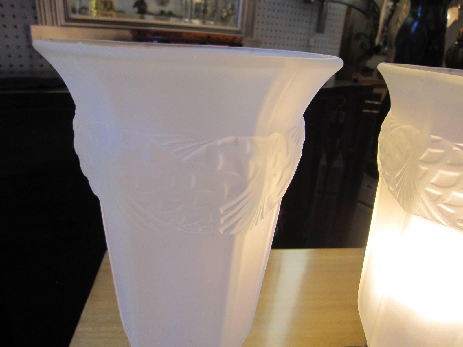 Pair or Single French Table Lamp, Frosted Glass and Nickeled Bronze 2