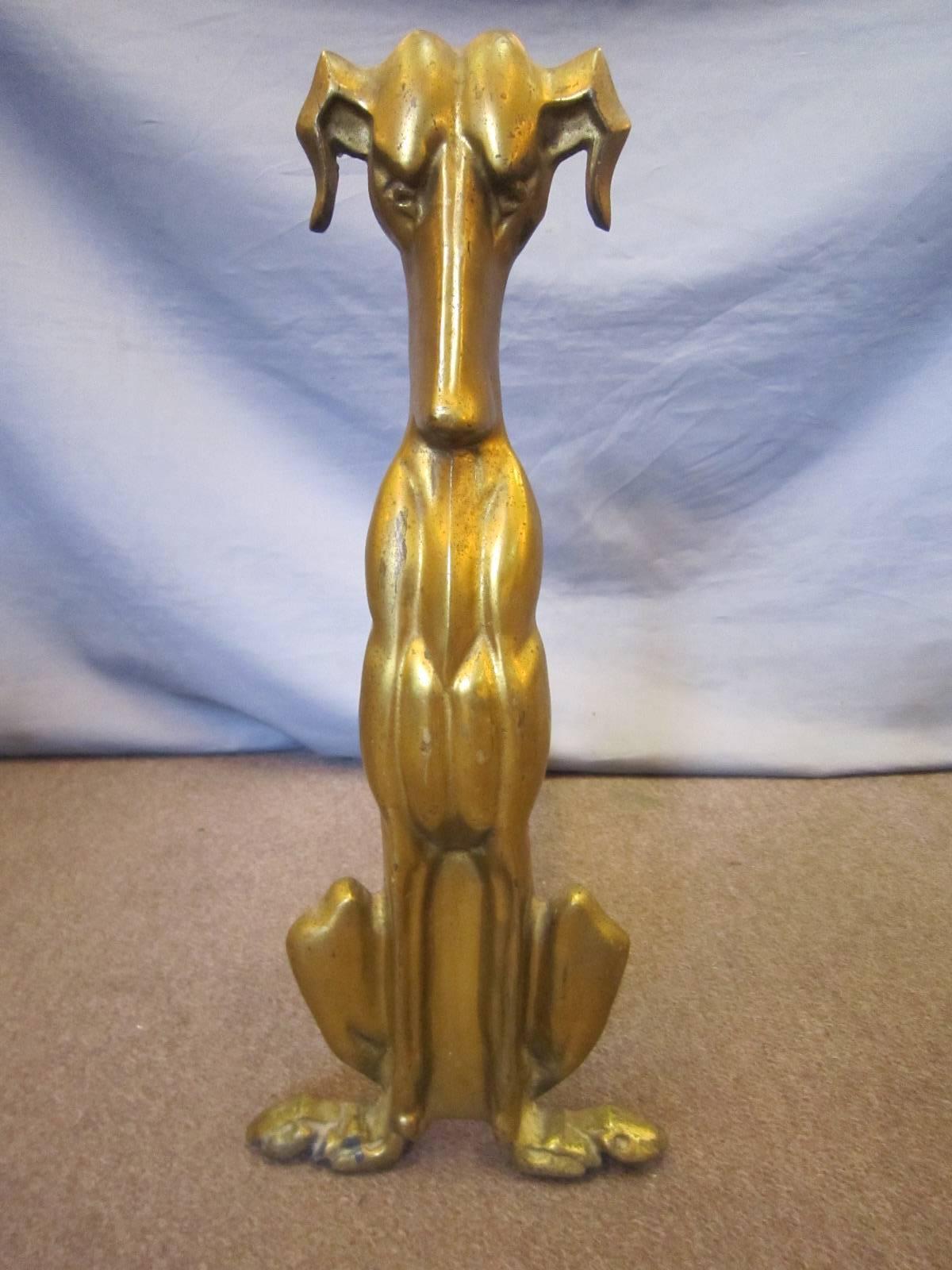 Mid-Century Modern Tall Pair of Modernist Gilt Bronze Dog Andirons