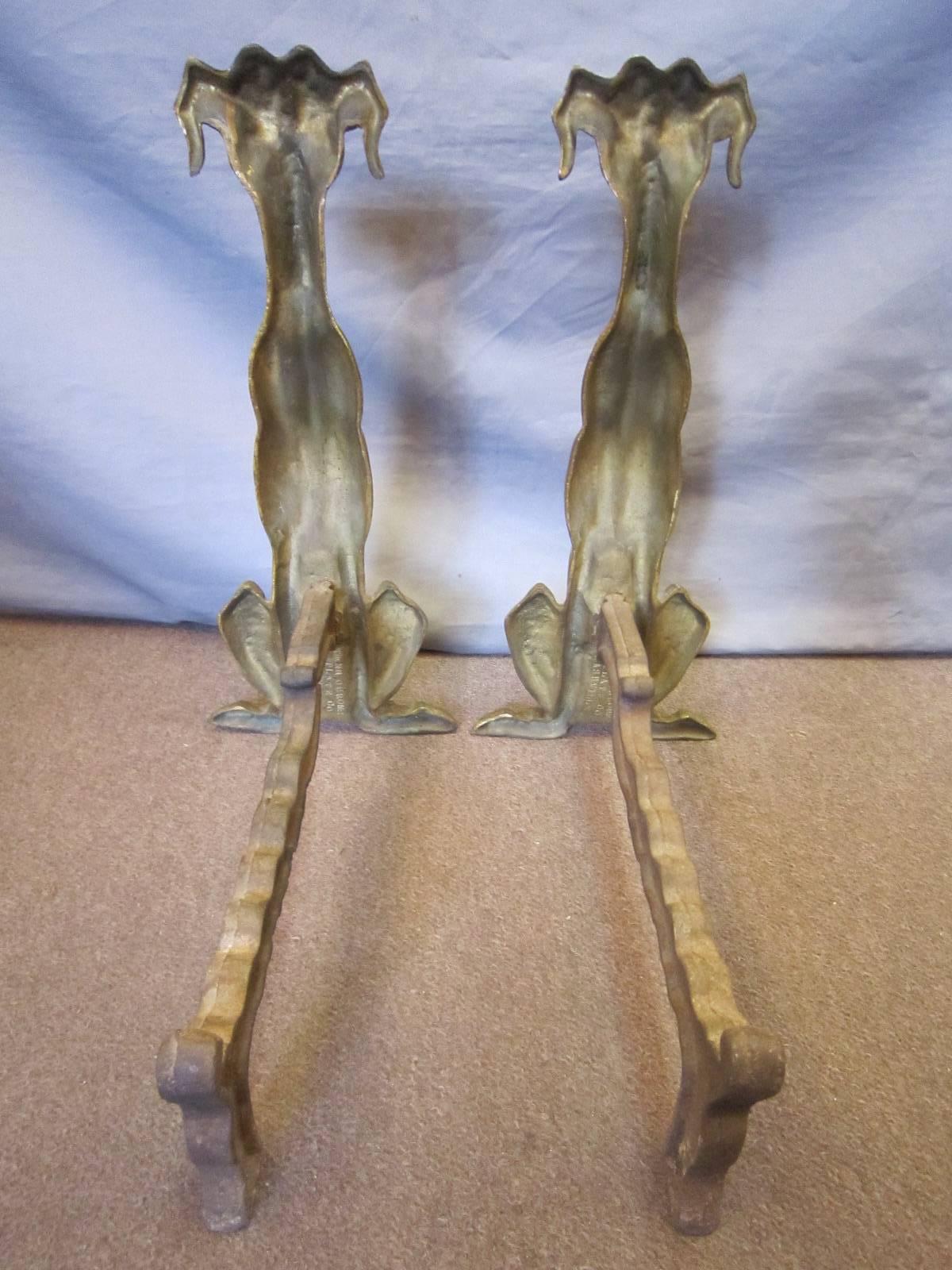 Tall Pair of Modernist Gilt Bronze Dog Andirons 1