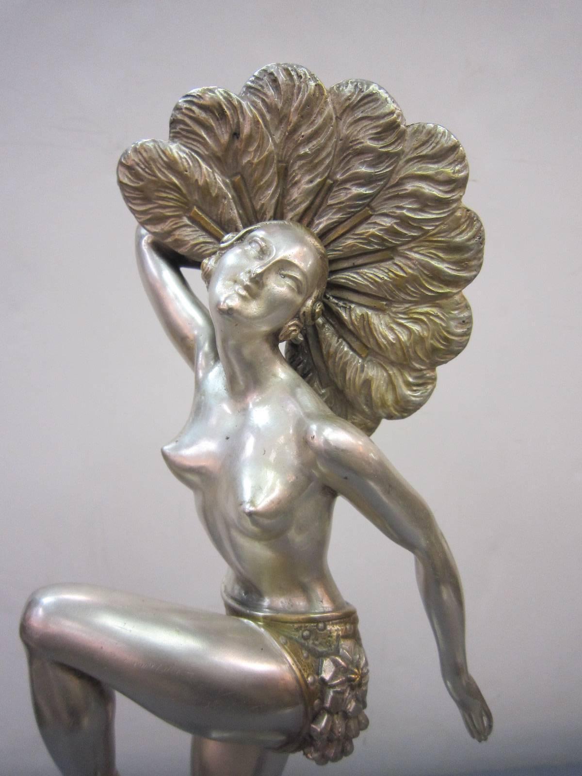 French Fine Art Deco Bronze Fan Dancer in Silver and Parcel-Gilt Signed: H. Molins