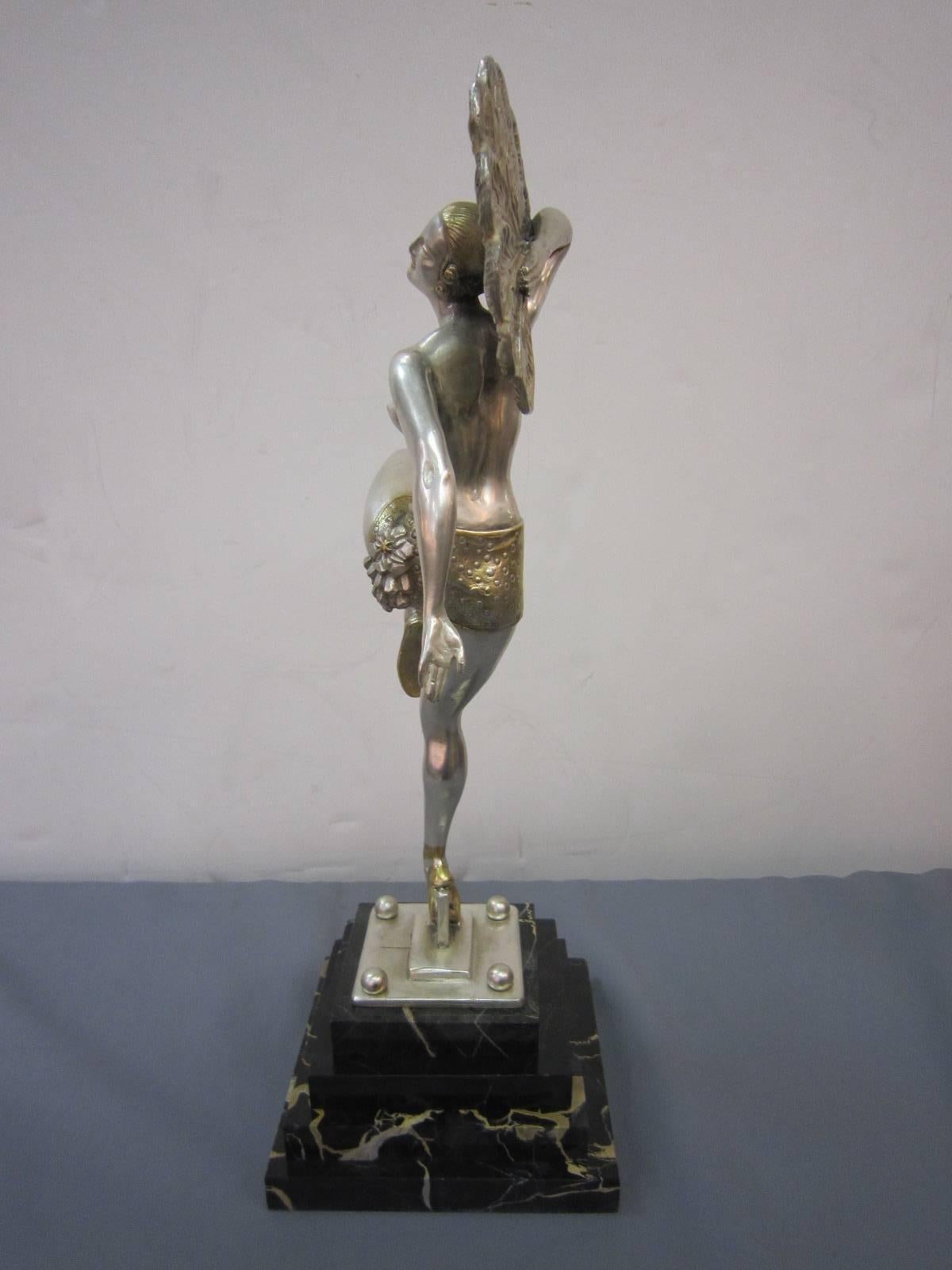 Fine Art Deco Bronze Fan Dancer in Silver and Parcel-Gilt Signed: H. Molins In Excellent Condition In New York City, NY