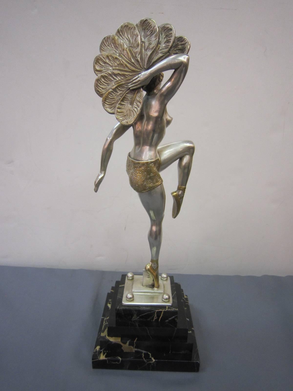 20th Century Fine Art Deco Bronze Fan Dancer in Silver and Parcel-Gilt Signed: H. Molins