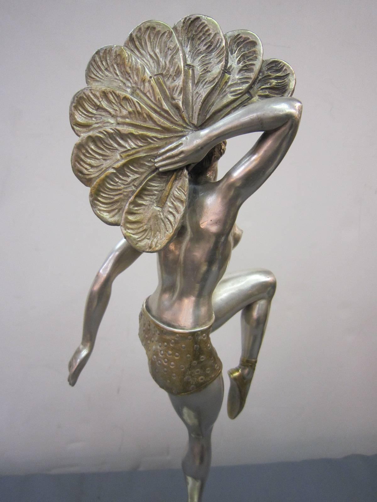 Fine Art Deco Bronze Fan Dancer in Silver and Parcel-Gilt Signed: H. Molins 1