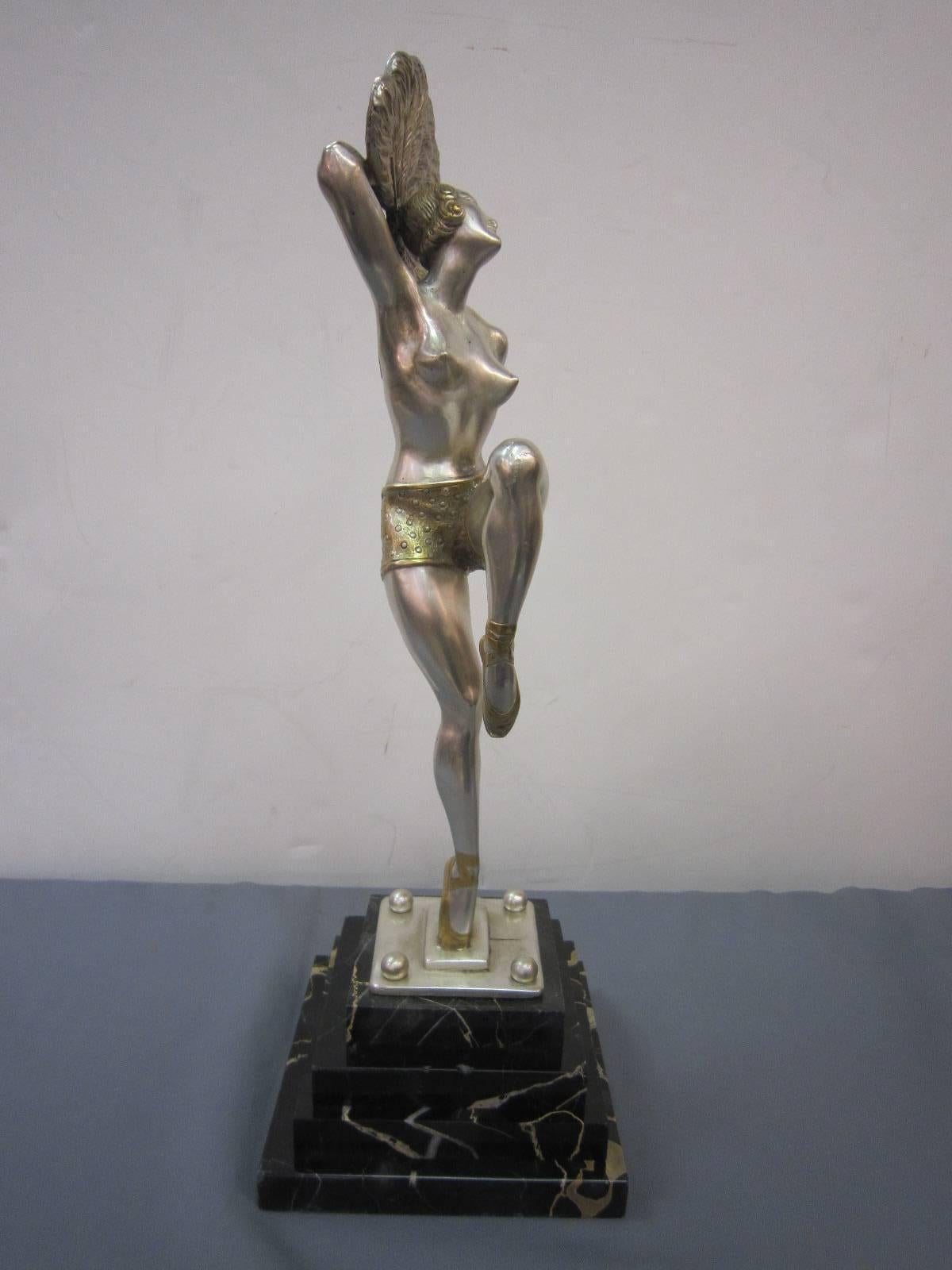 Fine Art Deco Bronze Fan Dancer in Silver and Parcel-Gilt Signed: H. Molins 2