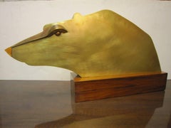 Large Modernist Austrian Brass Sculpture of a Stylized Bear on Wood Base