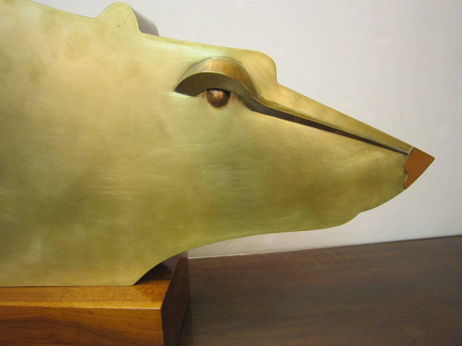 Large Modernist Austrian Brass Sculpture of a Stylized Bear on Wood Base In Good Condition For Sale In New York City, NY