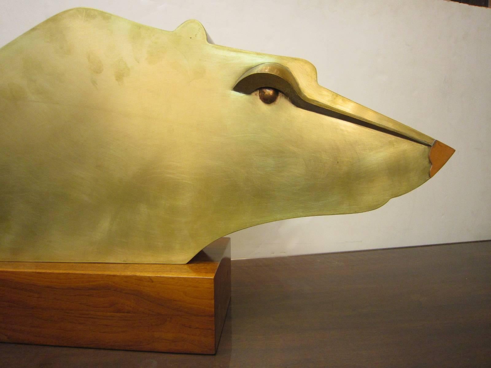 Mid-Century Modern Large Modernist Austrian Brass Sculpture of a Stylized Bear on Wood Base For Sale