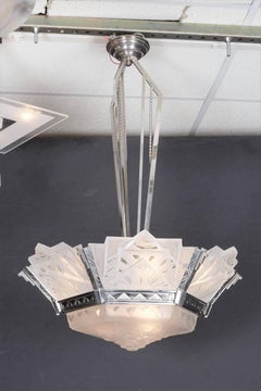 French Art Deco Original Geometric Chandelier Signed Muller Frères Luneville