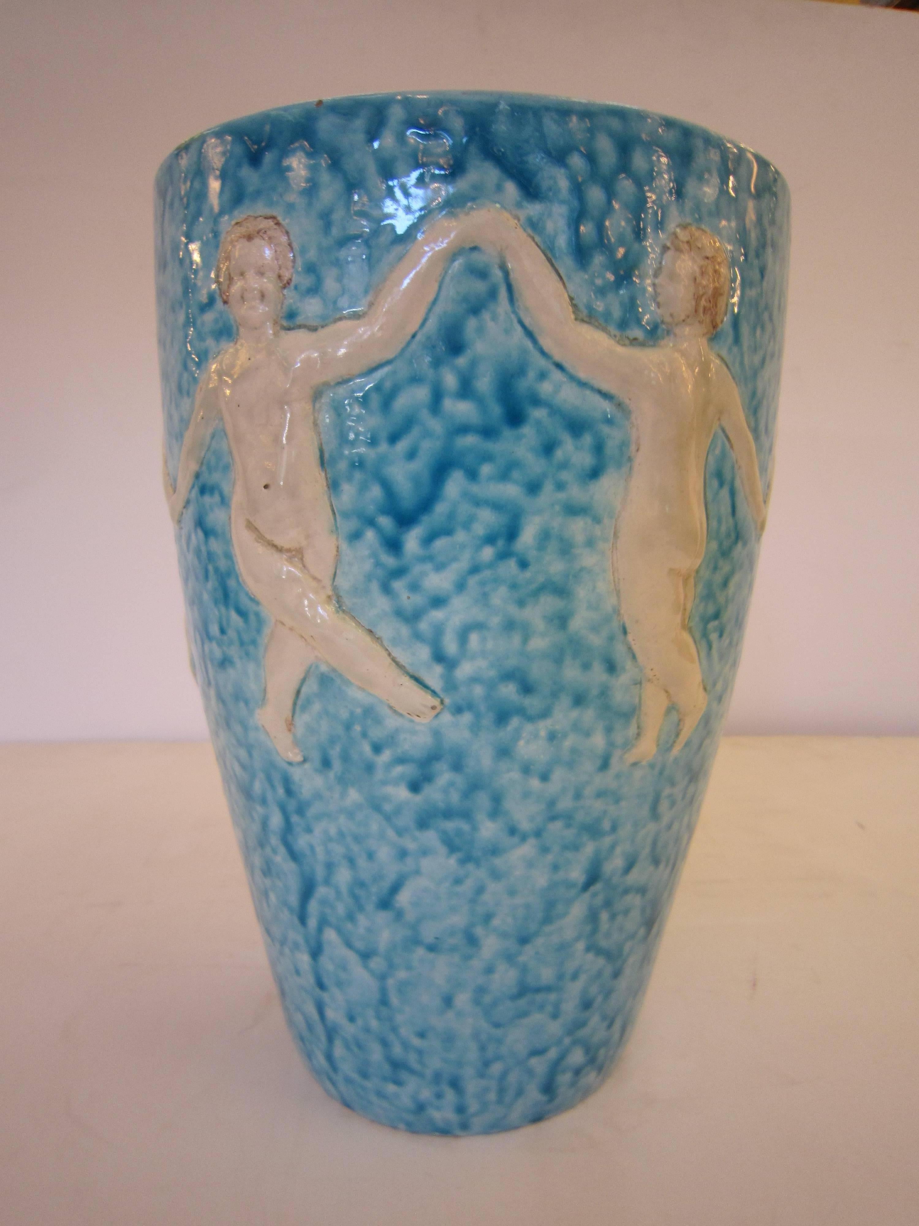French Art Deco Turquoise Blue Pottery Vase with Children, R. Maynard In Good Condition In New York City, NY
