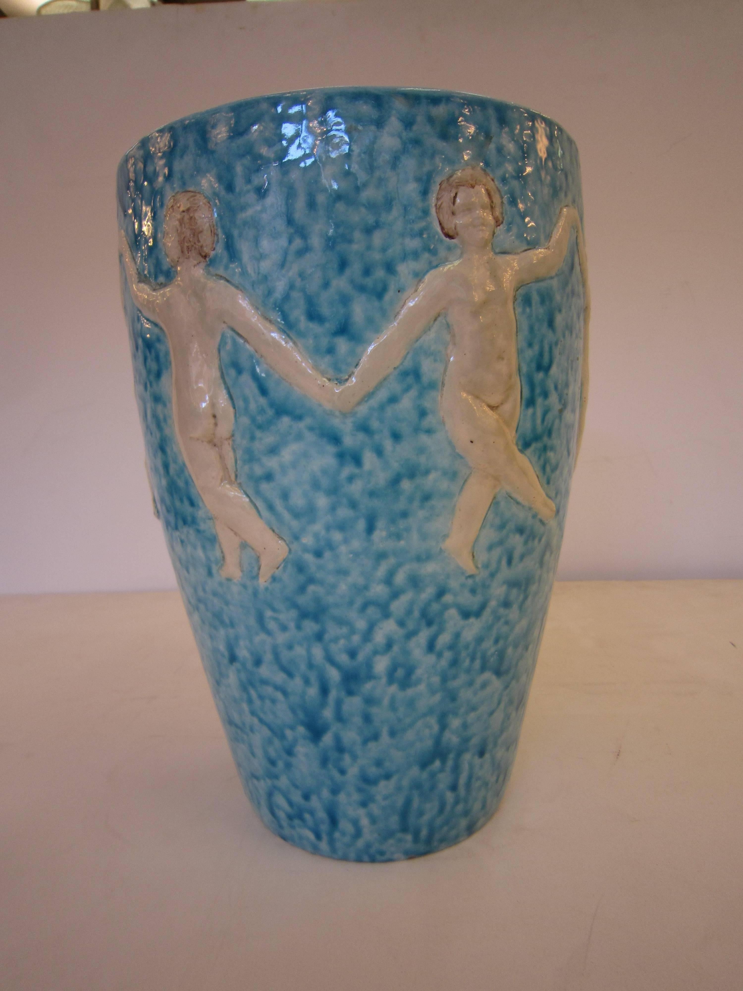 20th Century French Art Deco Turquoise Blue Pottery Vase with Children, R. Maynard
