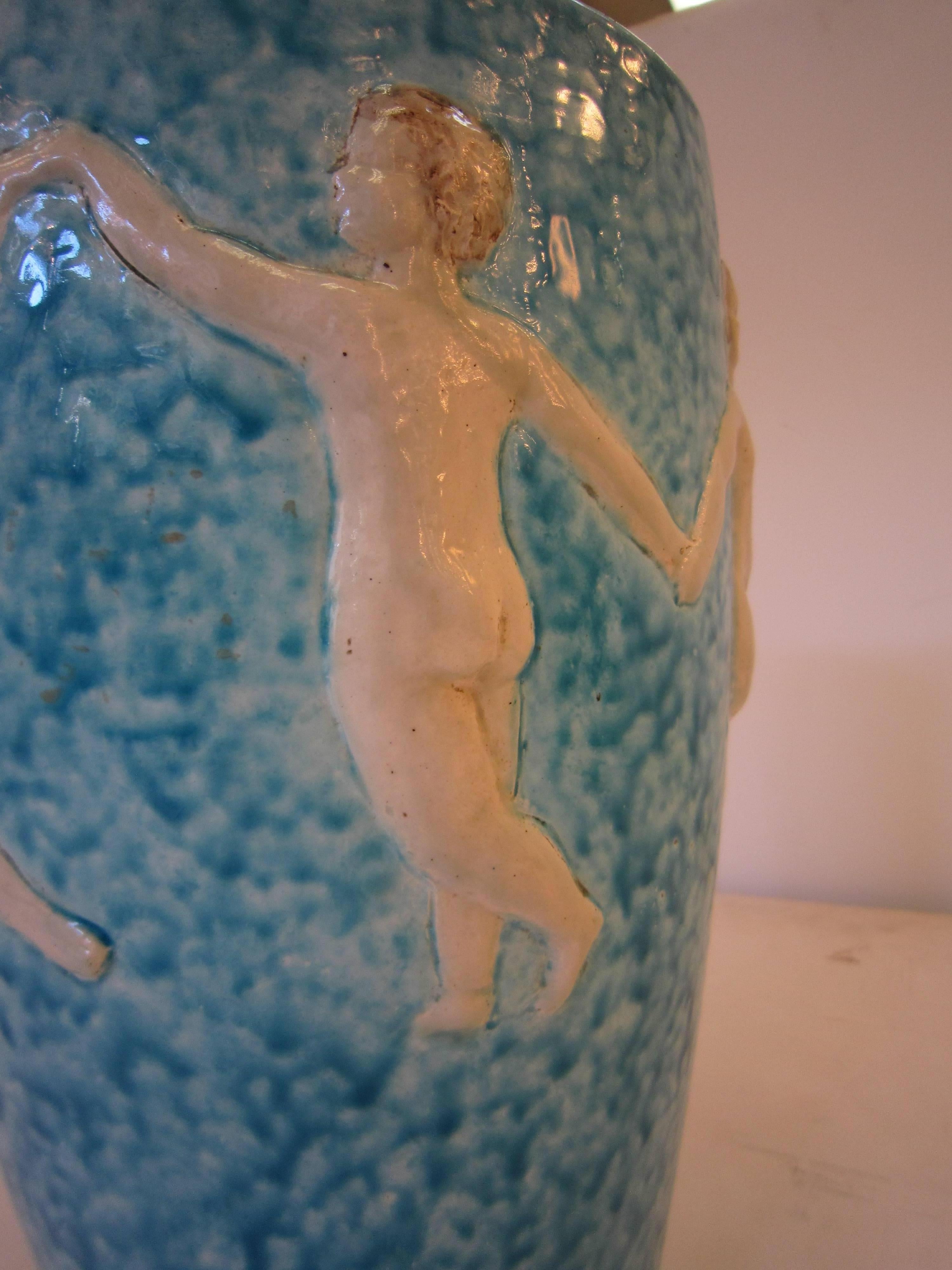 French Art Deco Turquoise Blue Pottery Vase with Children, R. Maynard 1