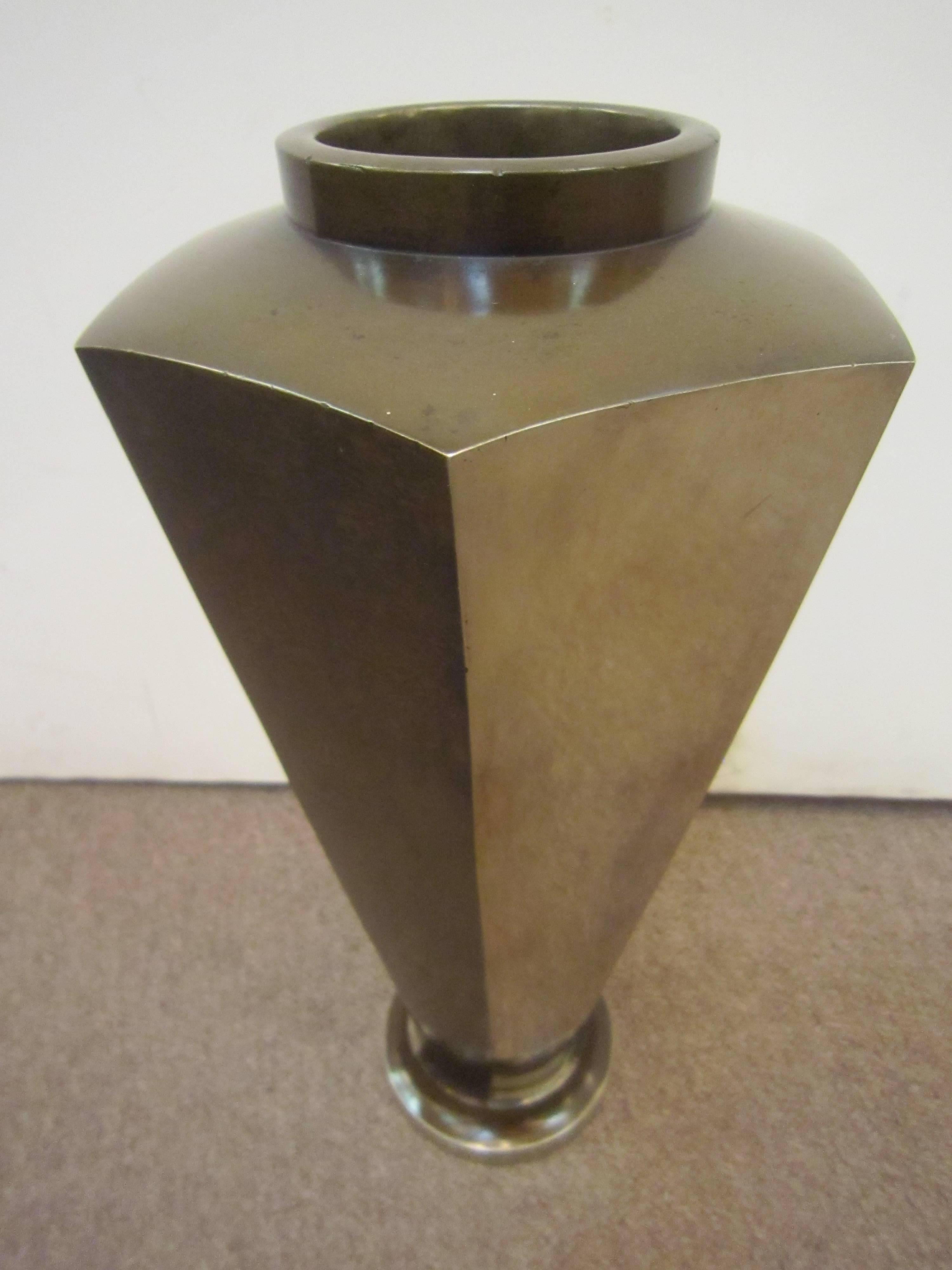 20th Century Tall French Bronze and Silvered Six-Sided Angular Vase