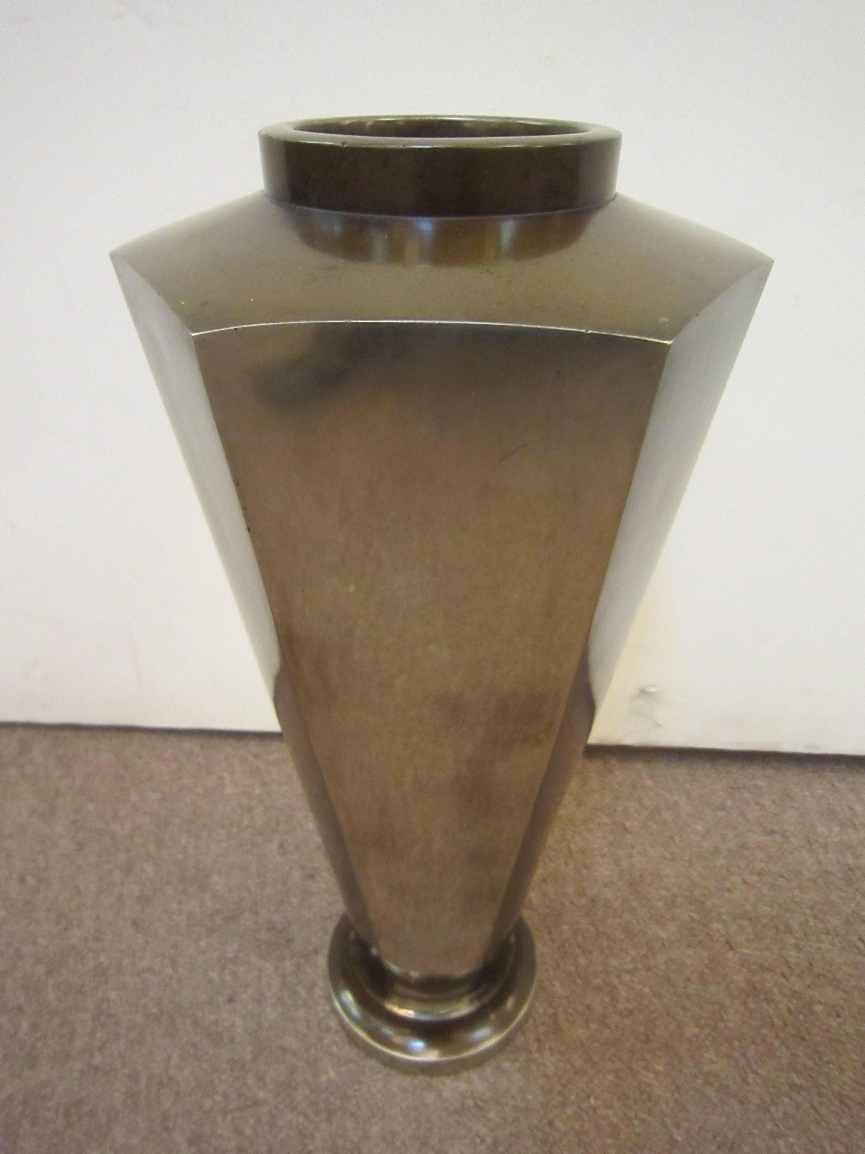 Tall French Bronze and Silvered Six-Sided Angular Vase 2