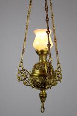 Cast Brass Sanctuary Fixture with Art Glass Quezal Shade