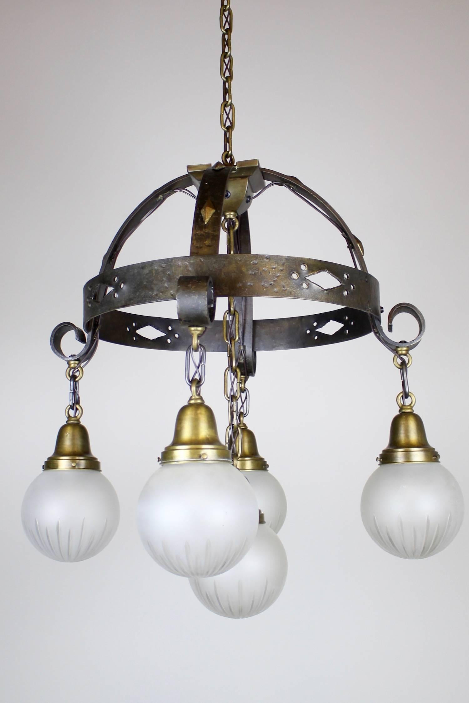 Hammered Iron Arts and Crafts Ring Fixture with Wheel Cut Ball Shades In Excellent Condition For Sale In Vancouver, BC