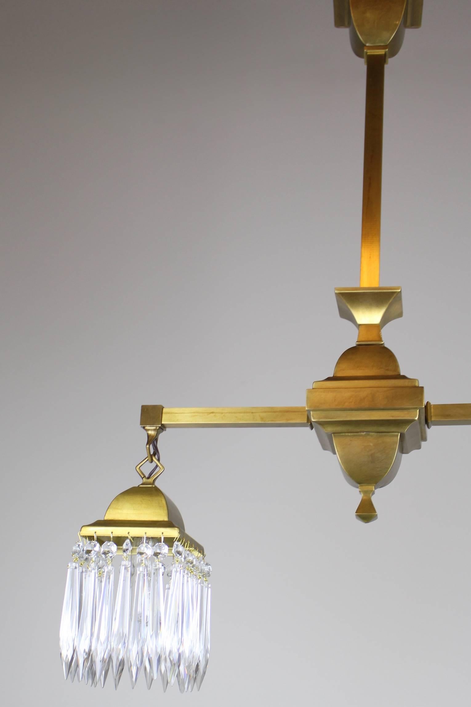 Early 20th Century Mission Crystal Fixture circa 1910 Satin Brass Two-Light For Sale
