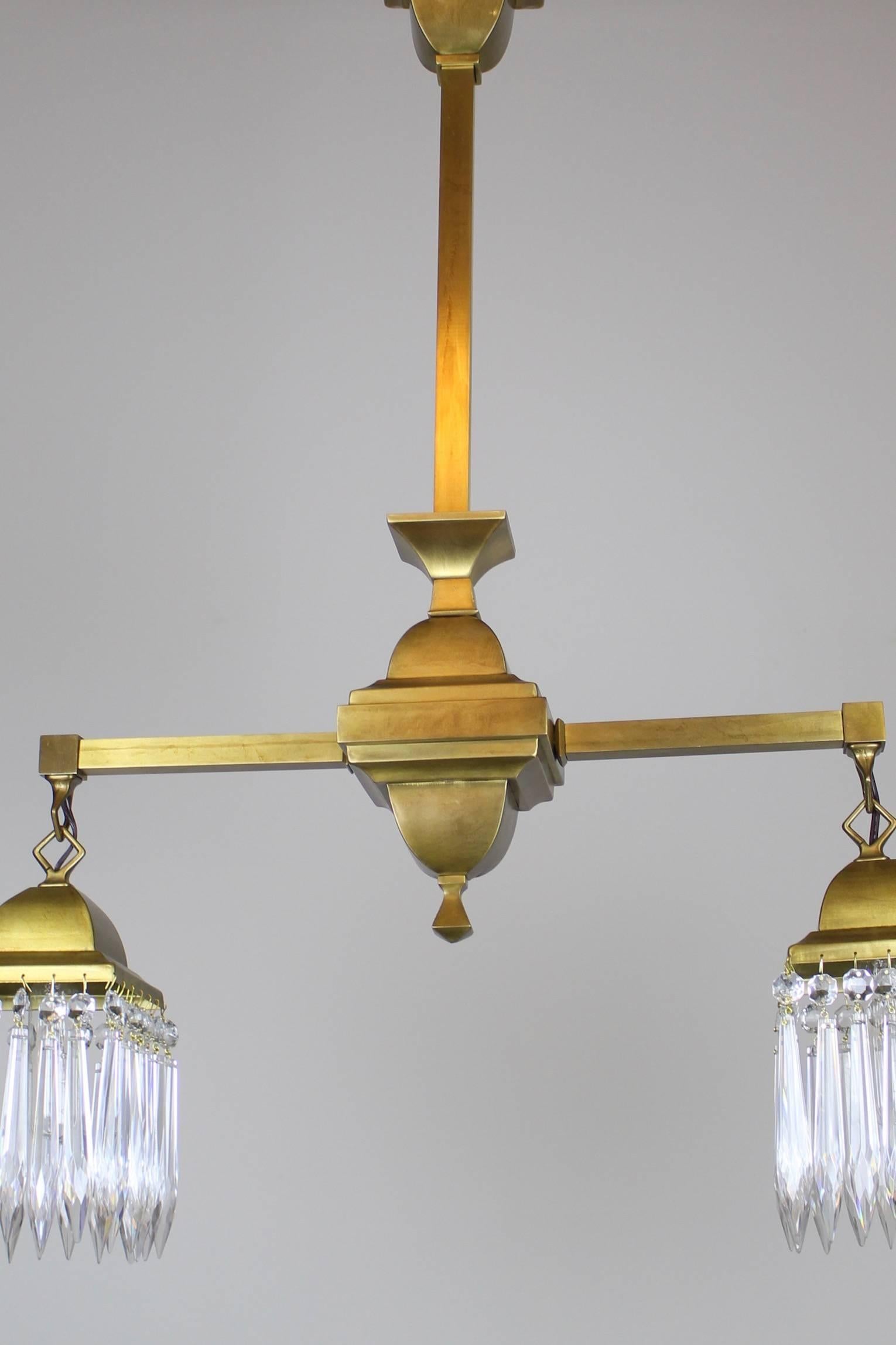 Mission Crystal Fixture circa 1910 Satin Brass Two-Light For Sale 2