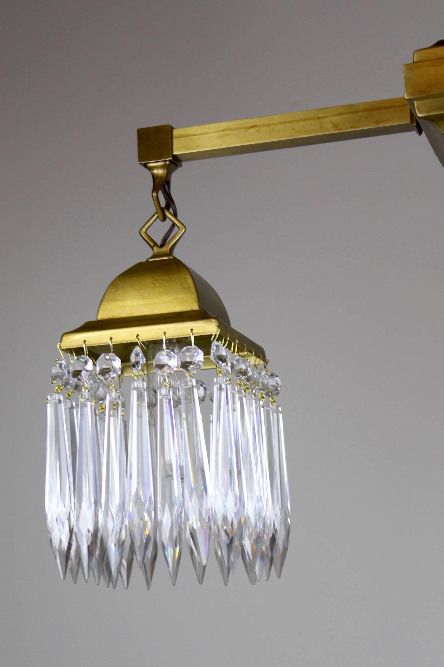 Mission Crystal Fixture circa 1910 Satin Brass Two-Light In Excellent Condition For Sale In Vancouver, BC
