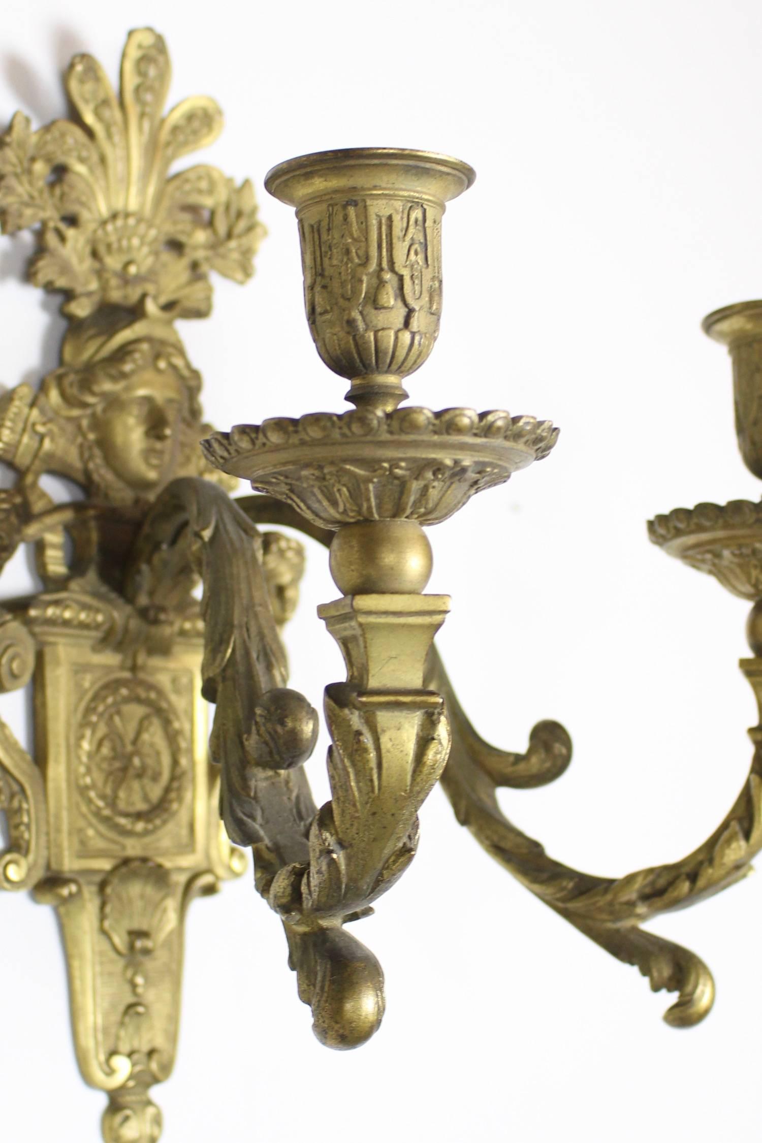 Pair of Double Arm Beaux Arts Figural Sconces In Excellent Condition For Sale In Vancouver, BC